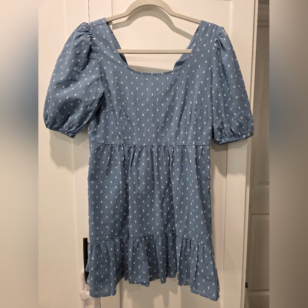 Blue Puff Sleeve Mini Dress with White Dots